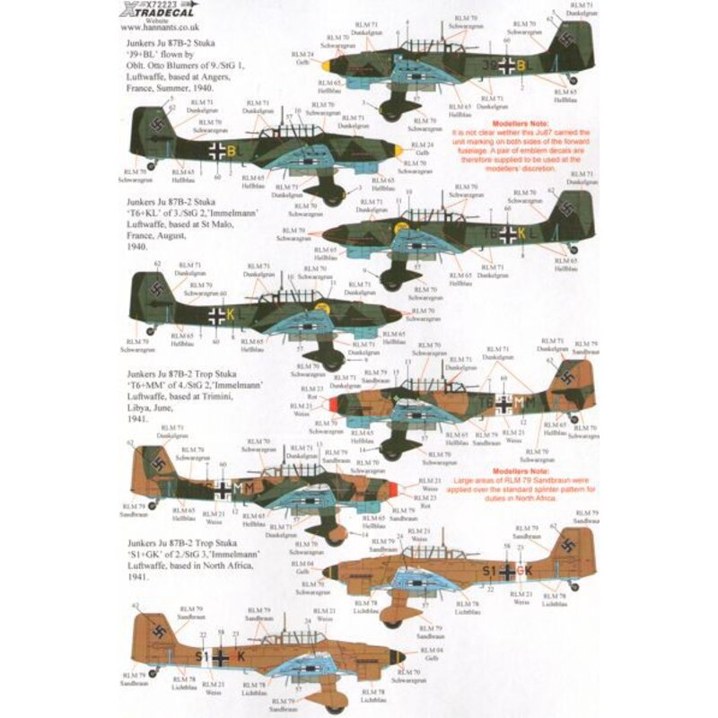 Junkers Ju 87B-1 /K/R (11) 87B-2 A5+HH 1/StG.3 Bulgaria 1941 with yellow nose and tail - J9+BL 9/StG 1 Oblt Otto Blumers France